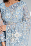 Blue Grey Net Embroidered Saree With Readymade Blouse