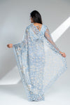 Blue Grey Net Embroidered Saree With Readymade Blouse