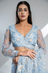 Blue Grey Net Embroidered Saree With Readymade Blouse