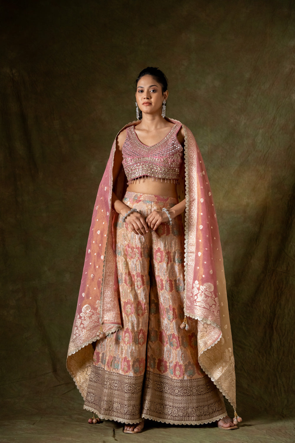 Tussar Crepe Tissue Readymade Sharara Set With Organza Dupatta