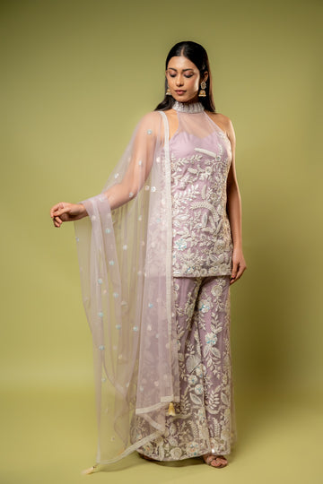 Mauve Net Readymade Sharara Set With Net Dupatta