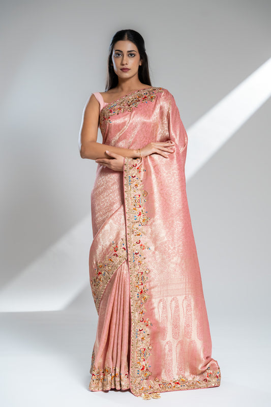 Pink Banarasi Silk Saree With Unstitched Blouse
