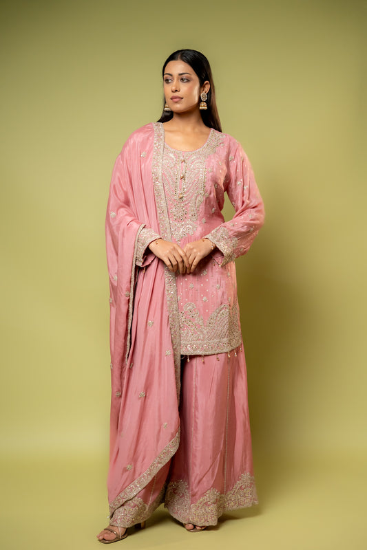 Gajari Chinon Readymade Sharara Set With Chinon Dupatta