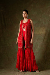 Red Georgette Short Top Sharara Set With Shrug