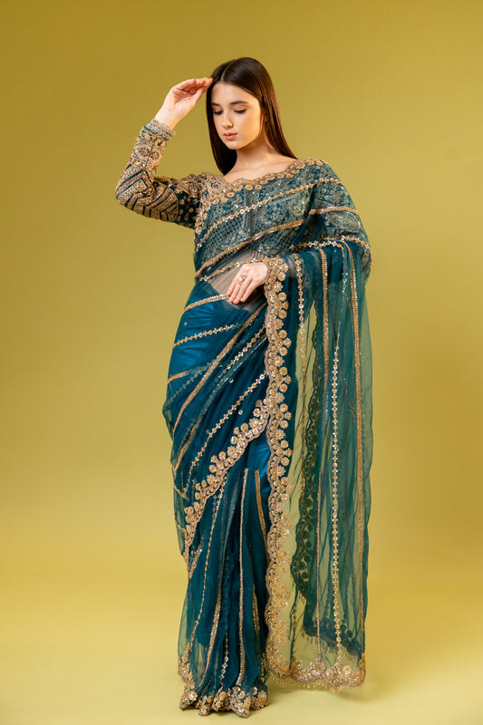 Peacock Net Embroidered Saree With Readymade Blouse