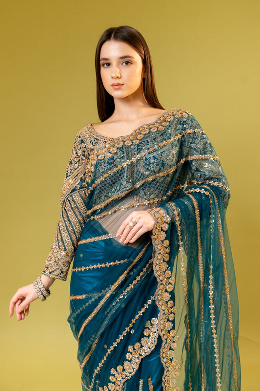 Peacock Net Embroidered Saree With Readymade Blouse