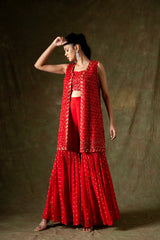 Red Georgette Short Top Sharara Set With Shrug