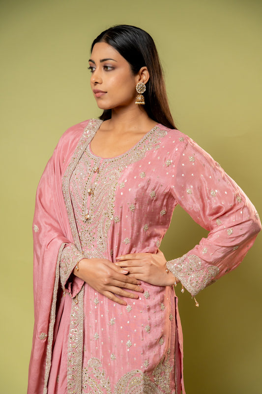 Gajari Chinon Readymade Sharara Set With Chinon Dupatta