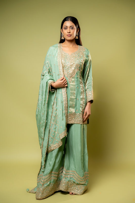 Mint Green Shimmer Readymade Sharara Set With Chinon Dupatta