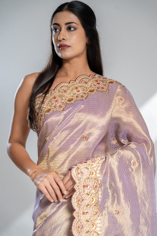 Mauve Banarasi Silk Saree With Unstitched Blouse