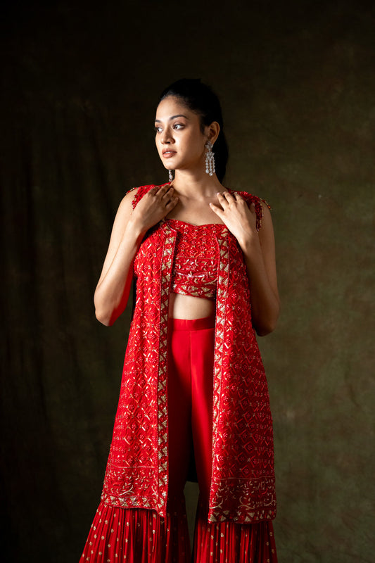 Red Georgette Short Top Sharara Set With Shrug