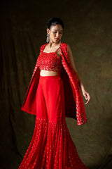 Red Georgette Short Top Sharara Set With Shrug