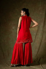 Red Georgette Short Top Sharara Set With Shrug