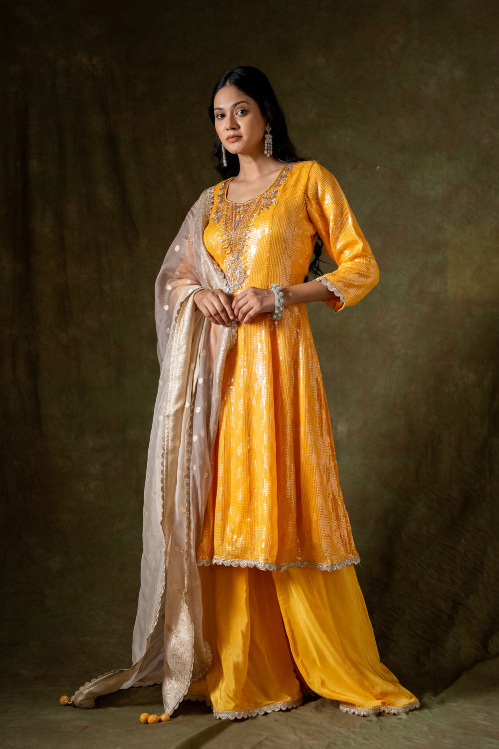 Mango Gold Georgette Readymade Suit With Organza Dupatta