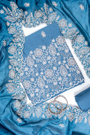 Grey Cotton Unstitched Salwar Suit With Cotton Dupatta