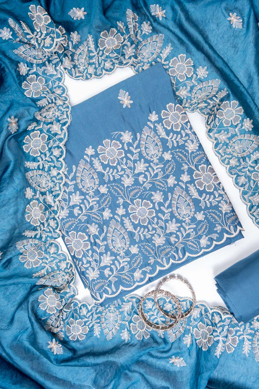 Grey Cotton Unstitched Salwar Suit With Cotton Dupatta