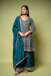 Bottle Green Chinon Readymade Sharara Set With Chinon Dupatta