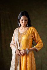 Mango Gold Georgette Readymade Suit With Organza Dupatta