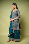 Bottle Green Chinon Readymade Sharara Set With Chinon Dupatta