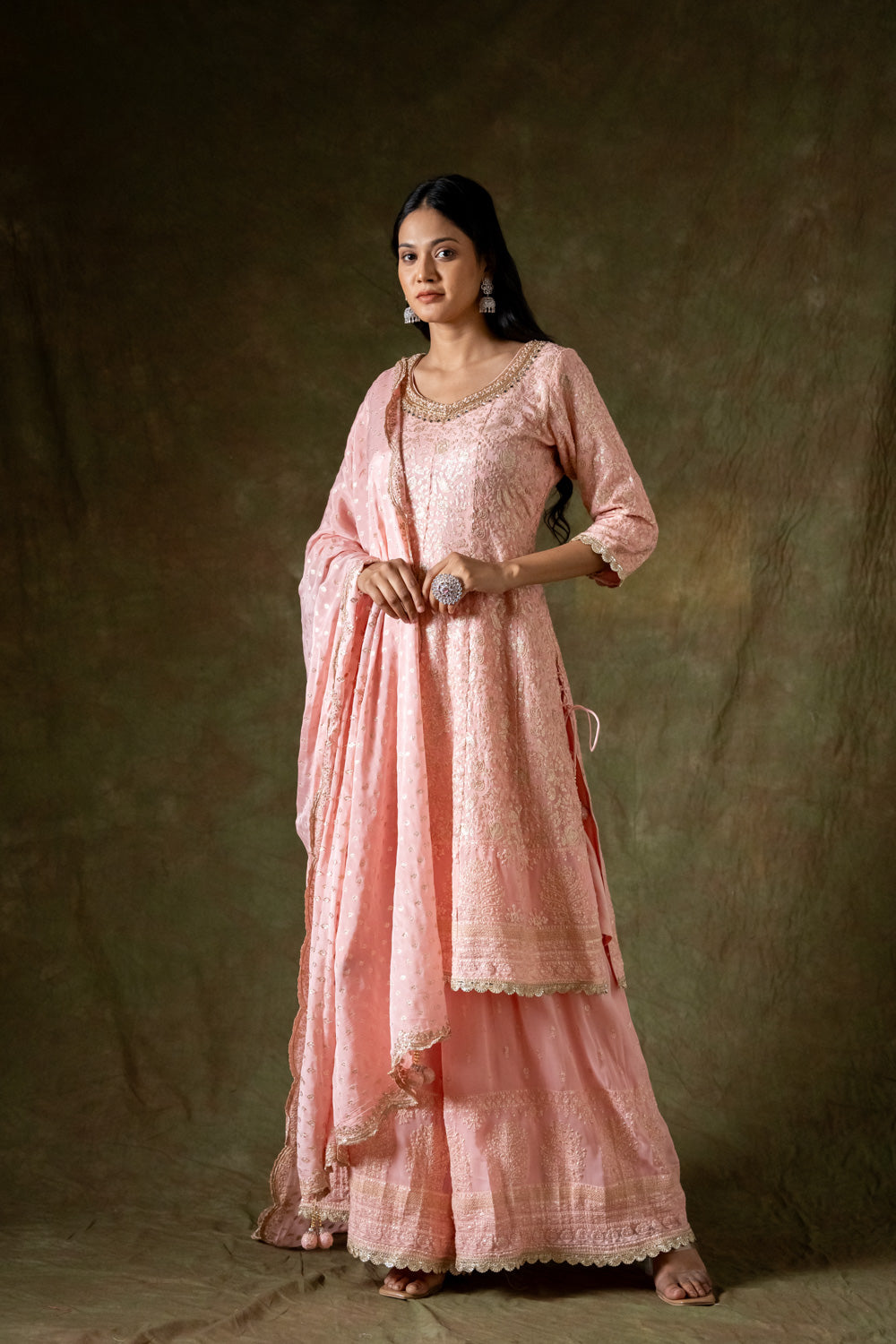 Peach Georgette Readymade Sharara Set With Chinon Crepe Dupatta