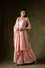 Peach Georgette Readymade Sharara Set With Chinon Crepe Dupatta