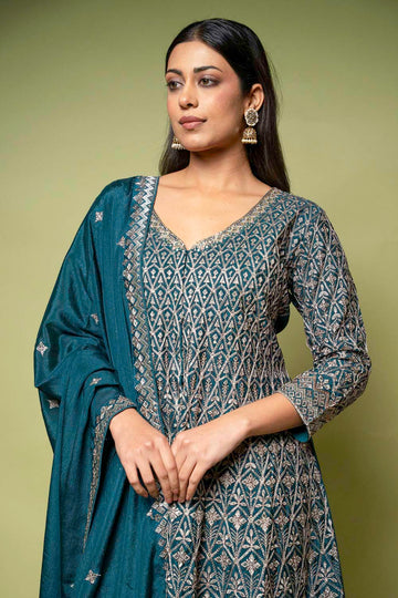 Bottle Green Chinon Readymade Sharara Set With Chinon Dupatta