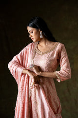 Peach Georgette Readymade Sharara Set With Chinon Crepe Dupatta