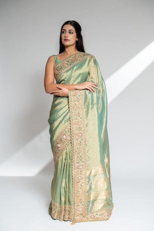 Mint Green Organza Embroidered Saree With Unstitched Blouse