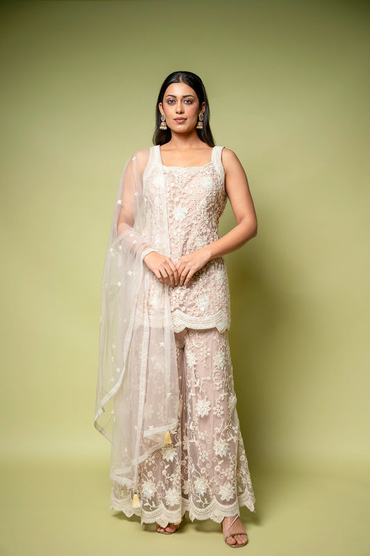 Light Peach Net Readymade Sharara Set With Net Dupatta