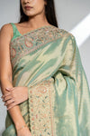Mint Green Organza Embroidered Saree With Unstitched Blouse