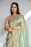 Mint Green Organza Embroidered Saree With Unstitched Blouse