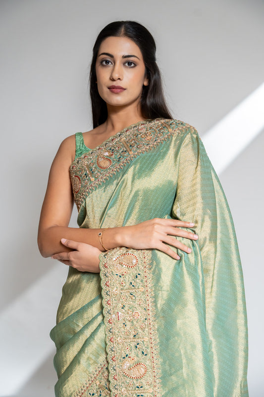 Mint Green Organza Embroidered Saree With Unstitched Blouse