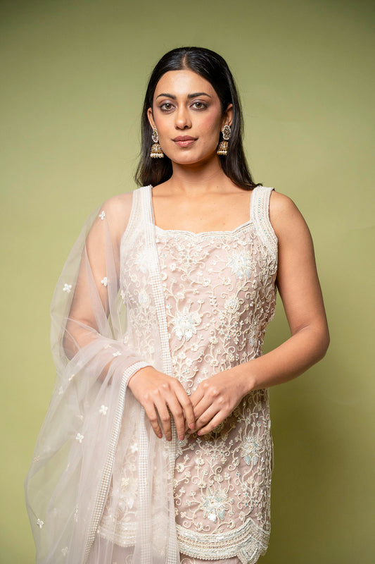 Light Peach Net Readymade Sharara Set With Net Dupatta