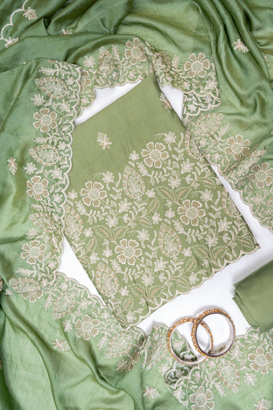 Pista Cotton Unstitched Salwar Suit With Cotton Dupatta