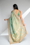 Mint Green Organza Embroidered Saree With Unstitched Blouse