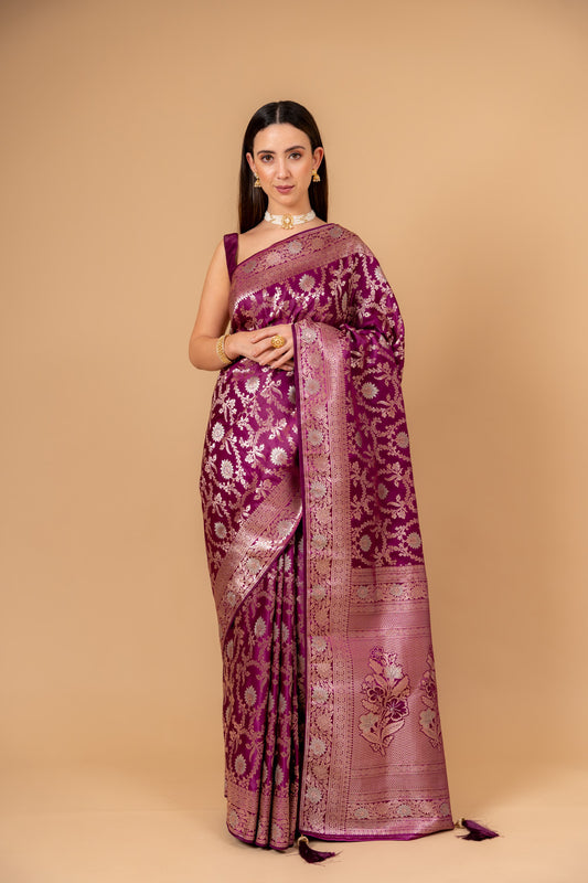Magenta Banarsi Woven Zari  Saree With Unstitched Blouse