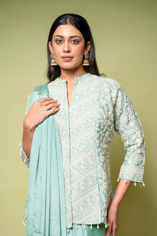 Mint Green Chinon Readymade Suit With Saree Style Skirt