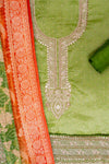 Parrot Organza Unstitched Salwar Suit With Dola Silk Dupatta