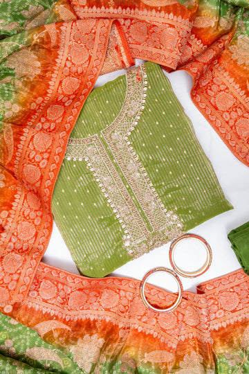 Parrot Organza Unstitched Salwar Suit With Dola Silk Dupatta