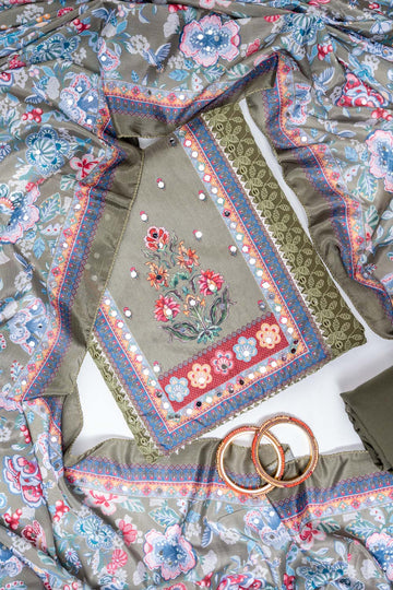 Mehndi Georgette Unstitched Salwar Suit With Chinon Dupatta