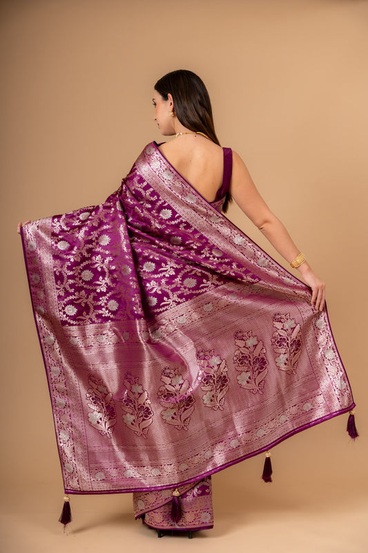 Magenta Banarsi Woven Zari  Saree With Unstitched Blouse