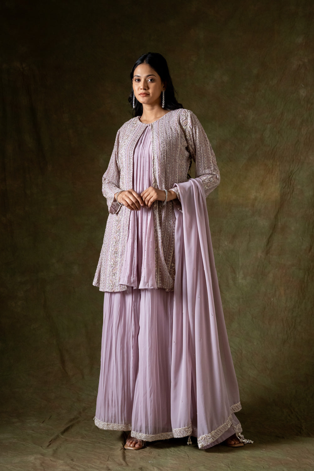 Mauve Georgette Embroidered Readymade Sharara Set With Dupatta