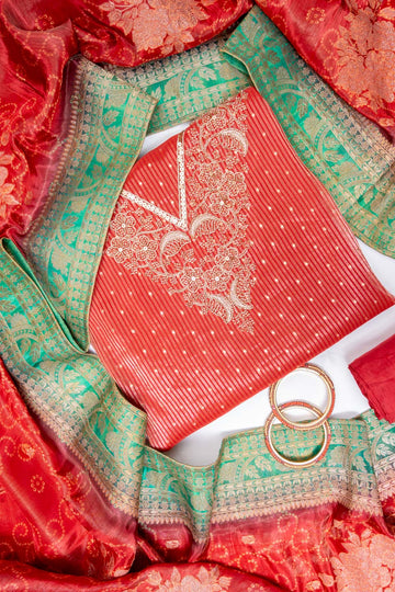 Rust Organza Unstitched Salwar Suit With Dola Silk Dupatta