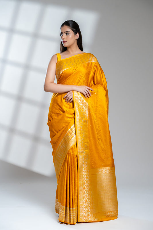 Mustard Banarasi Silk Saree With Unstitched Blouse