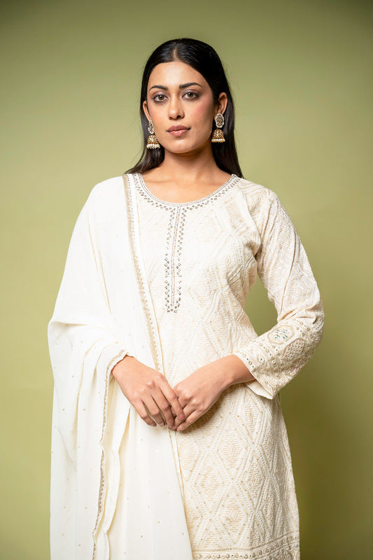 Off White Georgette Readymade Sharara Set With Georgette Dupatta