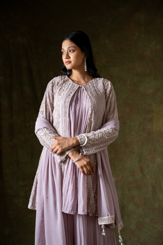 Mauve Georgette Embroidered Readymade Sharara Set With Dupatta