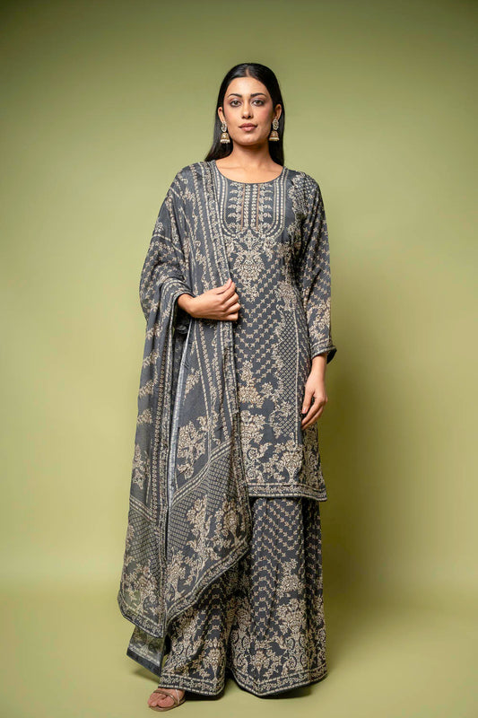 Black Crepe Readymade Sharara Set With Crepe Dupatta