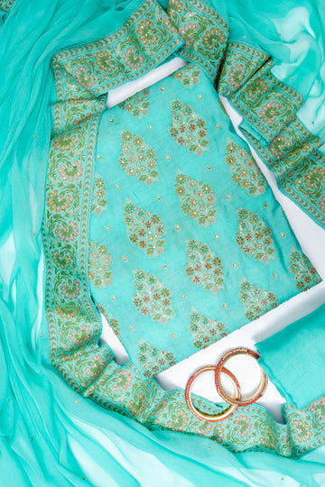 Tea Green Crepe Unstitched Salwar Suit With Chiffon Dupatta