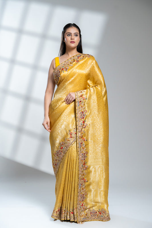 Mustard Banarasi Silk Saree With Unstitched Blouse