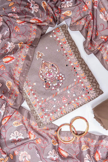 Chikoo Georgette Unstitched Salwar Suit With Chinon Dupatta